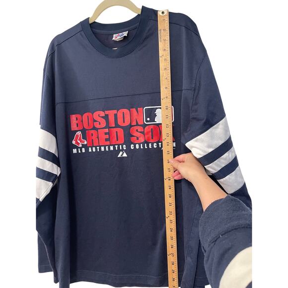 Vintage MLB Boston Red Sox Men's L Long Sleeve Warm Up Baseball Jersey Navy Blue - Picture 4 of 6